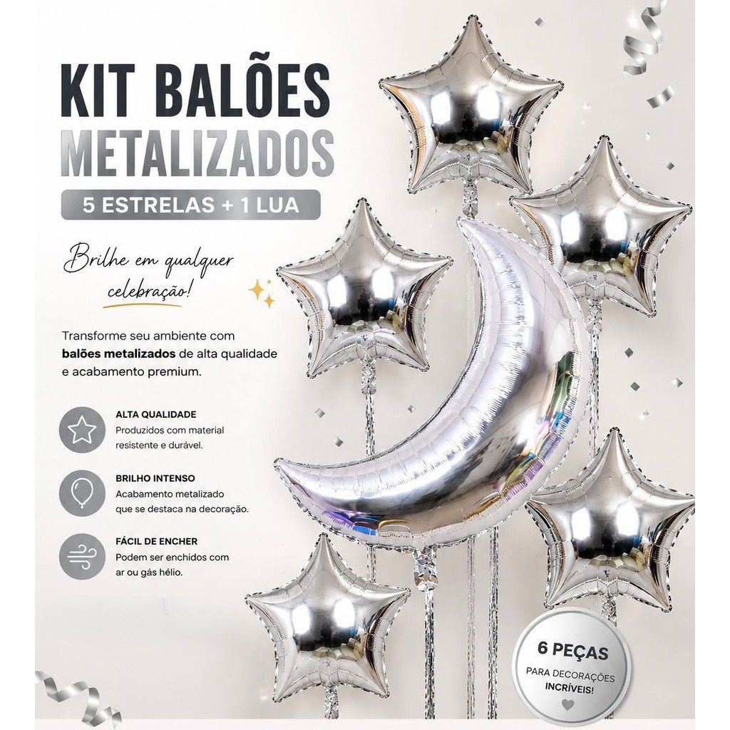 Kit 6 Balão Metalizado 1 Lua e 5 Estrela Prata Festa Decoracao enfeite surpresa balada aniversario