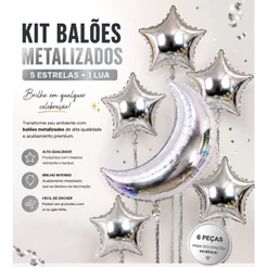 Kit 6 Balão Metalizado 1 Lua e 5 Estrela Prata Festa Decoracao enfeite surpresa balada aniversario