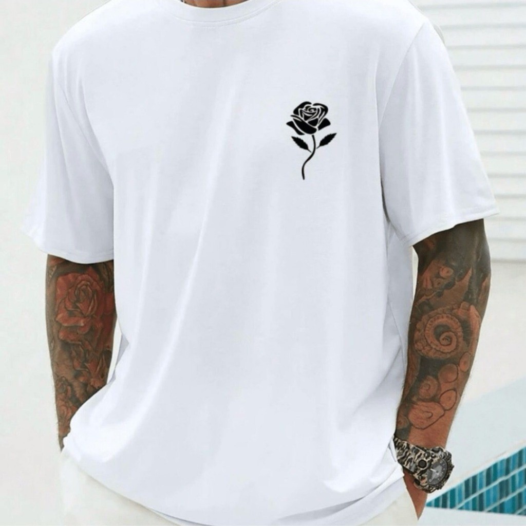 Camiseta Básica Masculina Estampa Flor Camisa Estilosa Elegante Casual Confortável Versátil Algodão