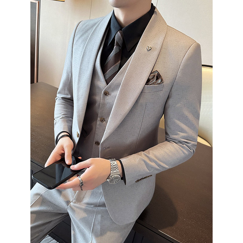 Qingguo gravata borboleta vestido de casamento terno de noivo terno masculino fino-ajuste bege Casual terno masculino Hi