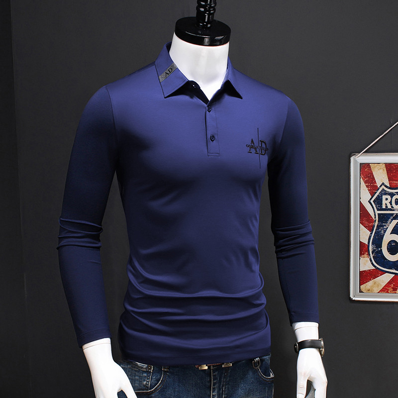 2025 novo estilo de manga comprida camiseta masculina lapela fino ajuste duplo mercerizado algodão camisa polo bordado n