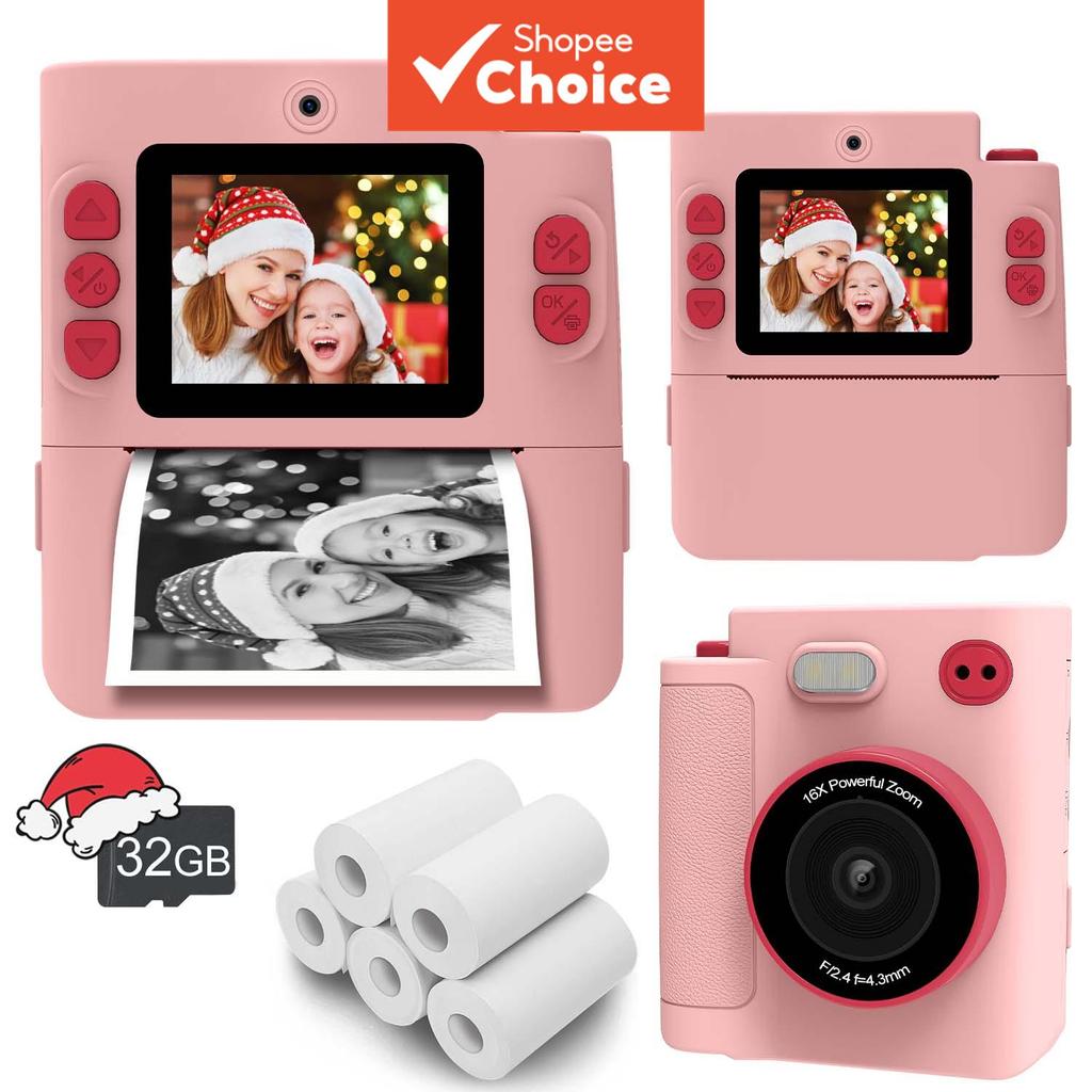 Câmera Instantânea para Crianças com Impressão, Vídeo HD 1080P, Inclui Cartão 32GB & 5 Rolos de Papel para Impressão,