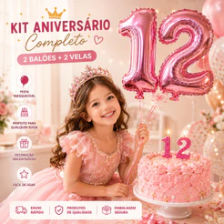 🎉 Kit Festa 2 Balões Número 16 Pol Rose + 2 Velas Rose Com Glitter Aniversário Festa Criança 🎈