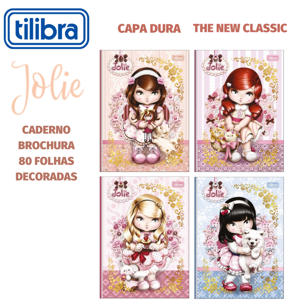 Caderno Tilibra Brochura Colegial Jolie Vintage Capa Dura Folhas Decoradas - 80 Folhas