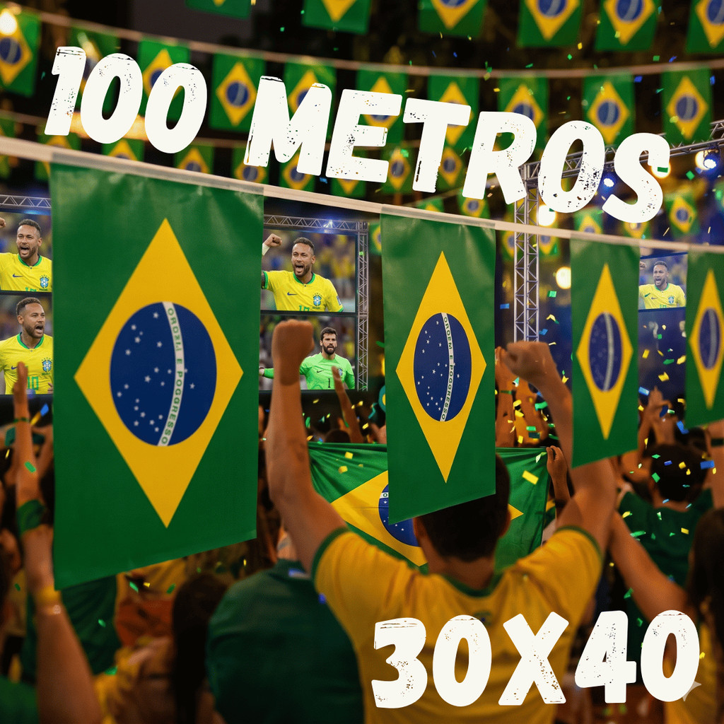 Kit Varal Bandeirinha Brasil Plástico 20 Metros Copa Bandeiras 30 x 40 cm Grande Decoração