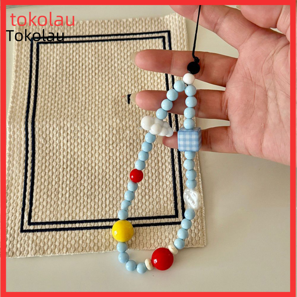Multi-use Phone Chain with Beads Handmade Blue White Mobile Lanyard Strong Anti-lost Buckle – 3d Cloud Design Durable