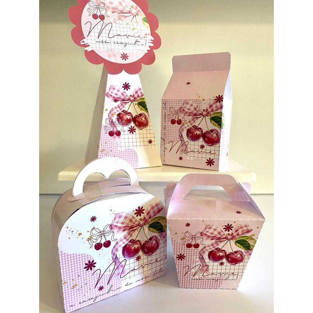 Kit Caixinhas Papelaria Personalizada Cereja Cerejinha Lembrancinha Festa Infantil DESMONTADO