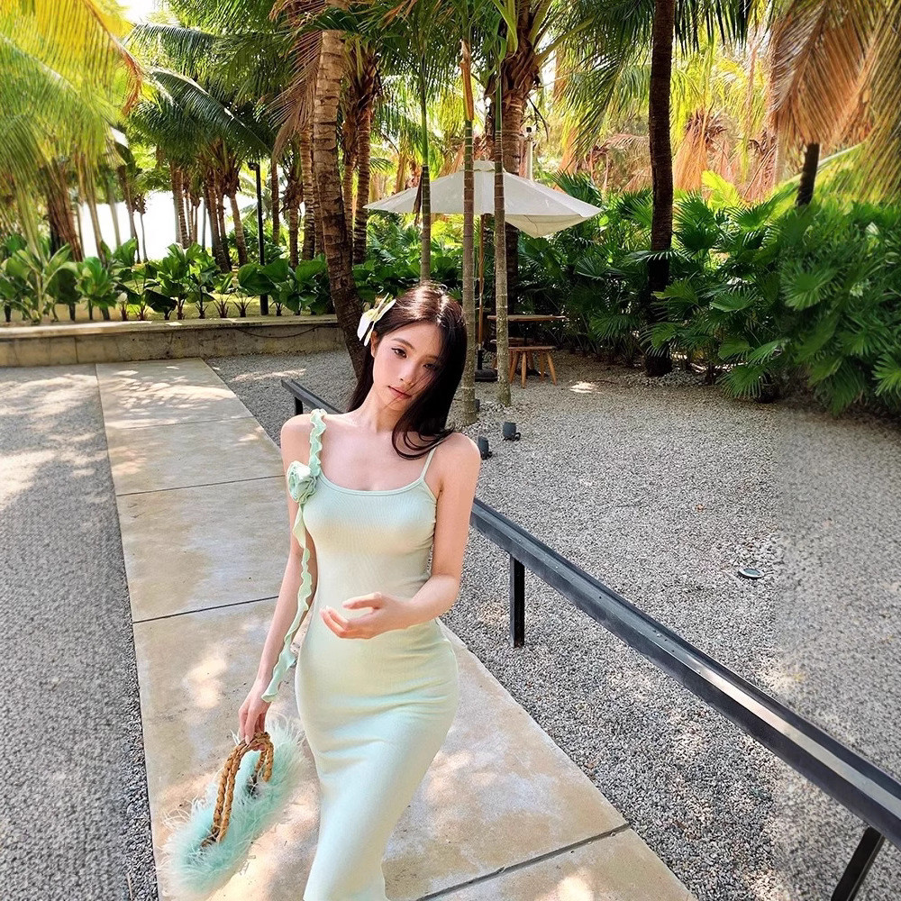 2026 Mint Mambo Verde Sling Vestido Feminino Temperamento de Verão Cintura Estreita Saia Slim-Fit Apertado Hip-Wrap Fish