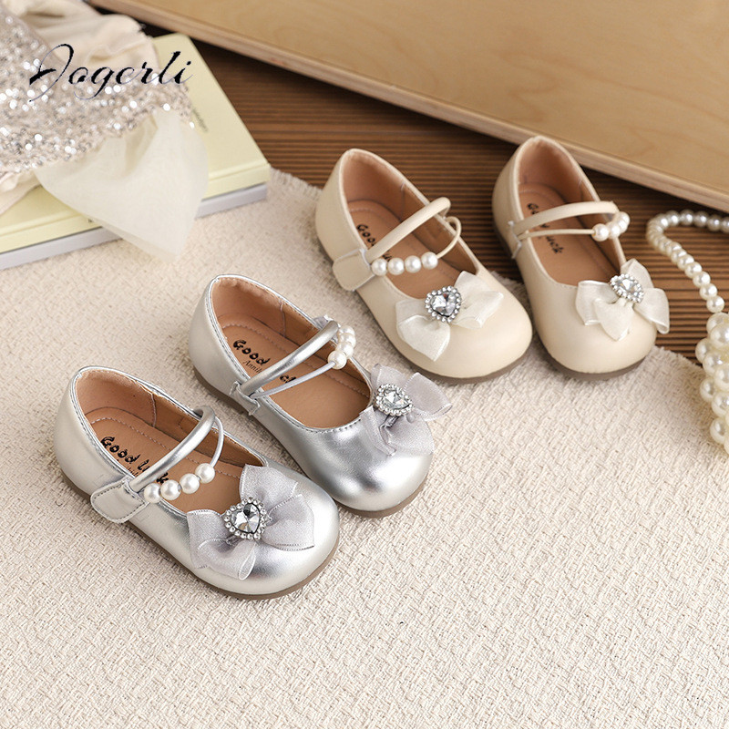 Jogerli Boca Rasa Sapatos De Couro Do Plutônio Primavera Outono Novas Meninas Frisado Strass Arco Princesa Sola Macia Mo