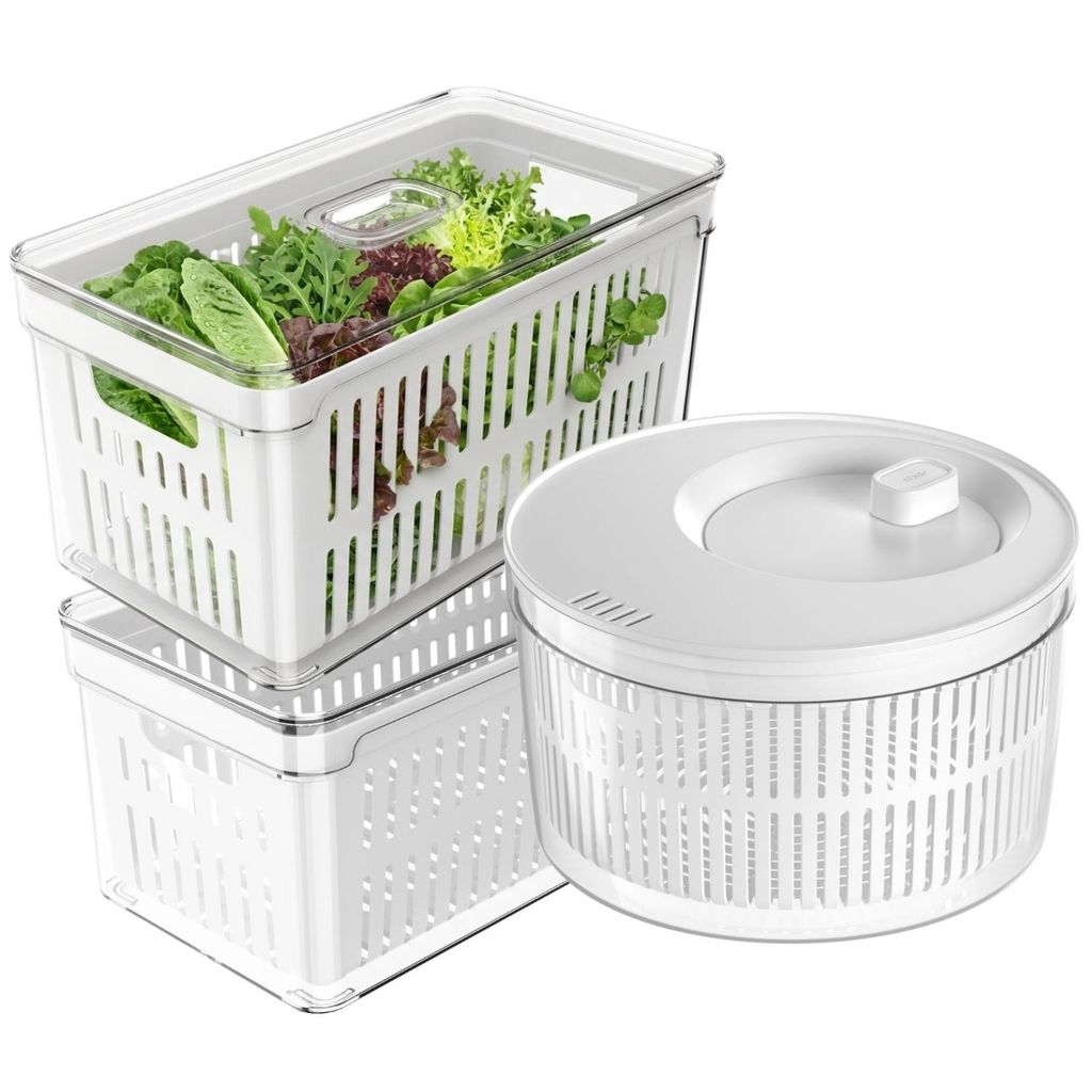 Kit 3 Organizadores Clear Fresh Secador Salada 5L Cozinha Acrílico Tampa Pote Herméticos Alimentos