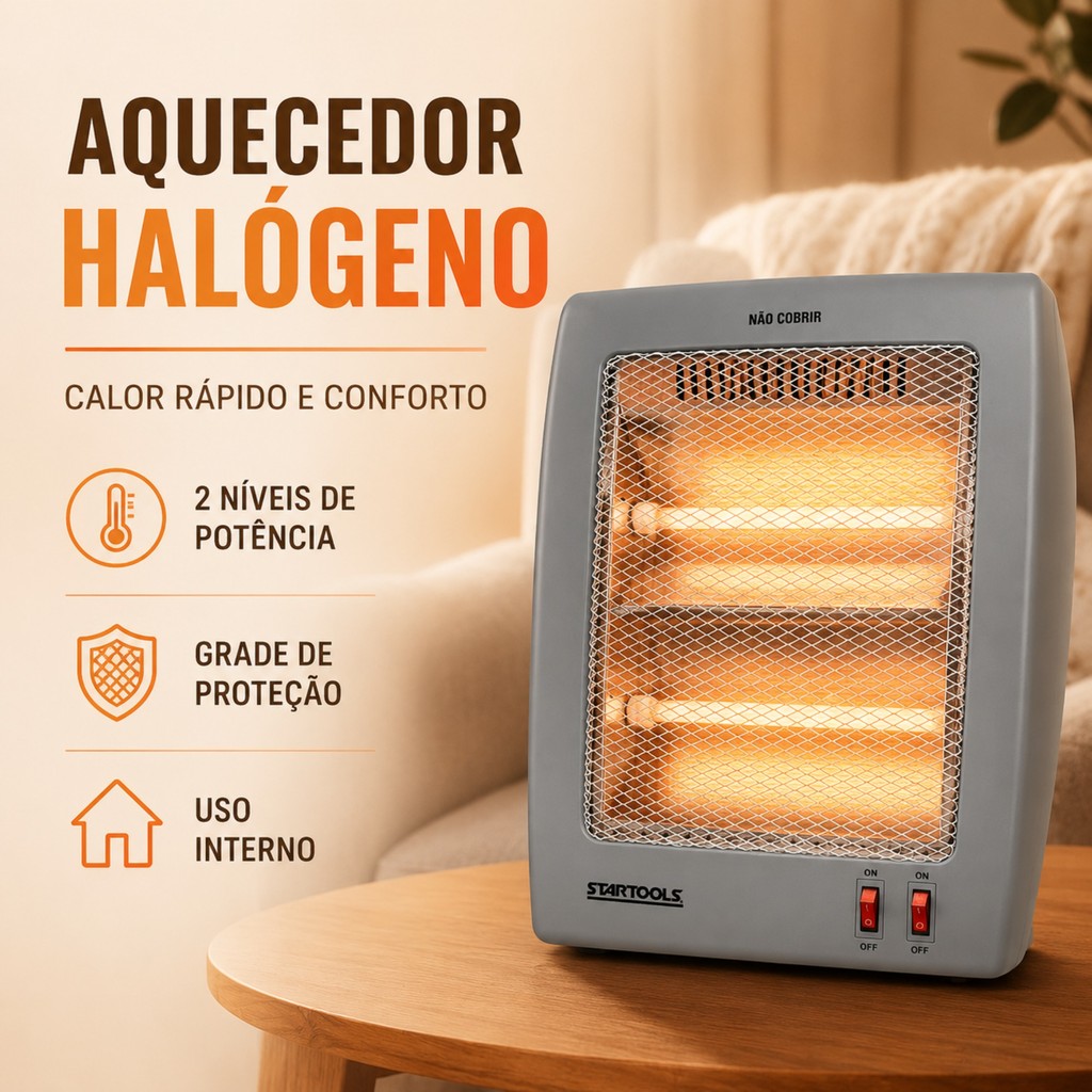 Aquecedor Elétrico Halógeno 800W Portátil 2 Níveis Com Grade Proteção