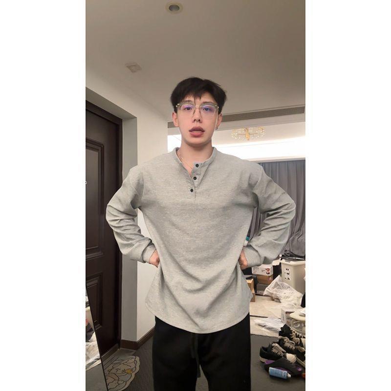 Henry colarinho tamanho grande botão de manga comprida camiseta masculina primavera outono americano Retro esportes mole
