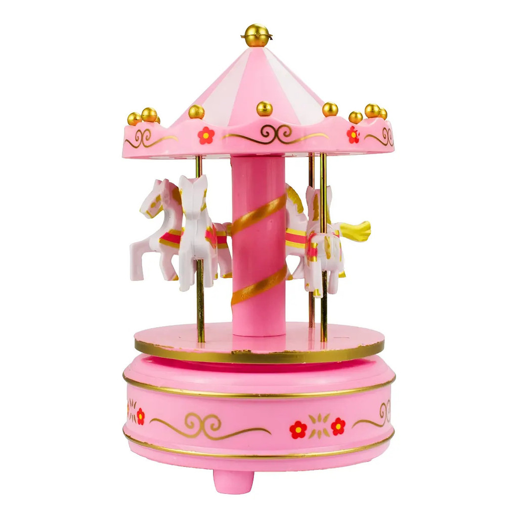 Mini Carrossel Rosa Gira Música 17cm