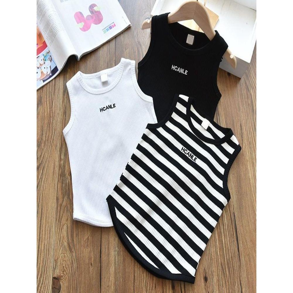 Combinação estilo ocidental|Meninas estilo coreano listrado curto sem mangas colete camiseta crianças bebê moda carta to