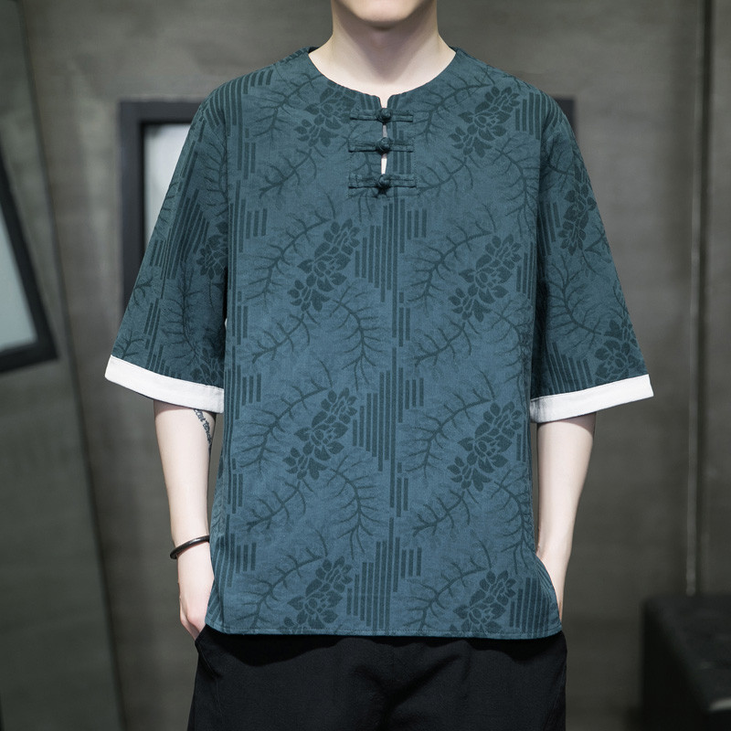 Estilo chinês roupas masculinas Jacquard algodão linho manga curta camiseta masculina verão Retro Layman roupas novo est