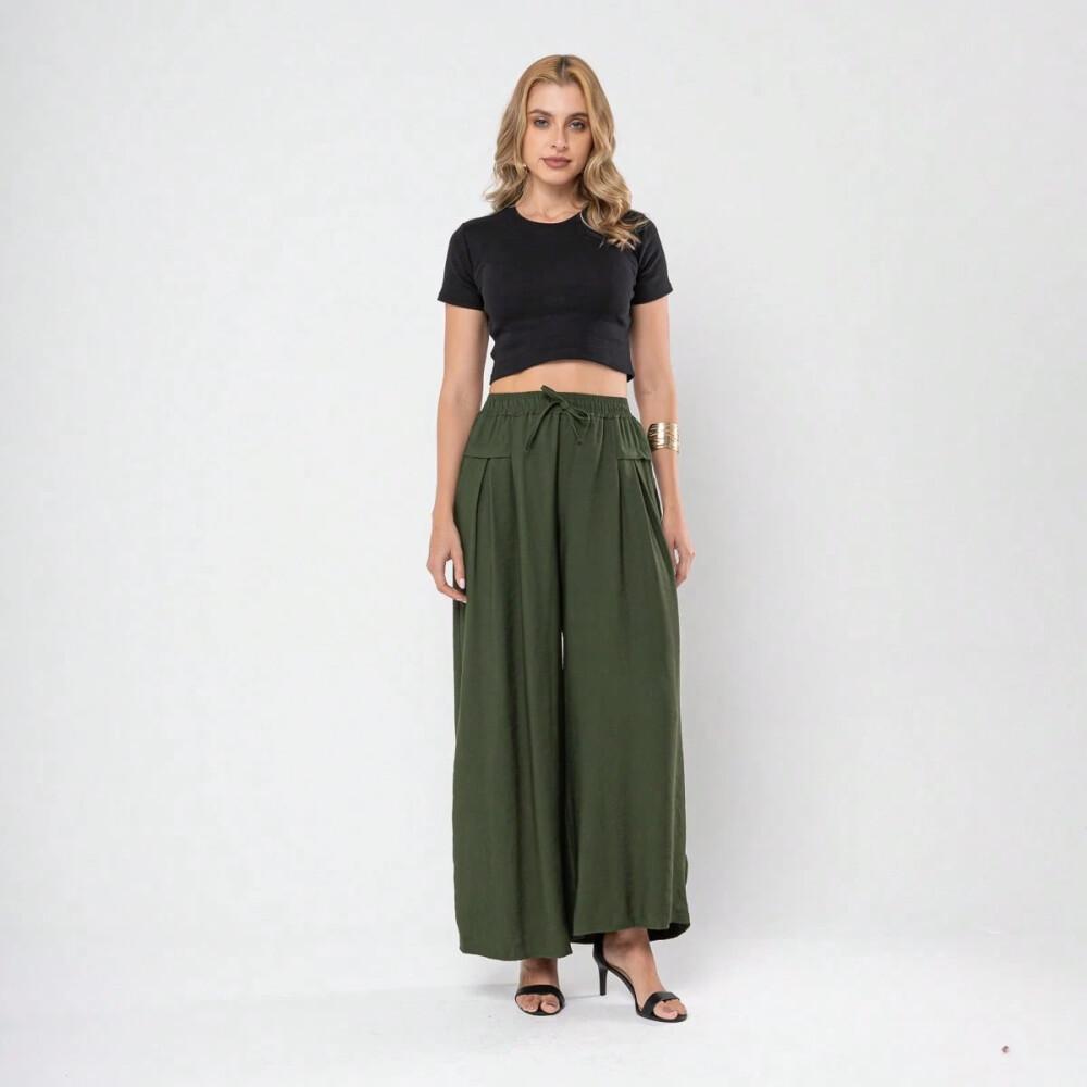 Verde Calça feminina em tecido de fibra de gelo, calça de cintura alta com bolsos,saia-calça folgada de perna larga