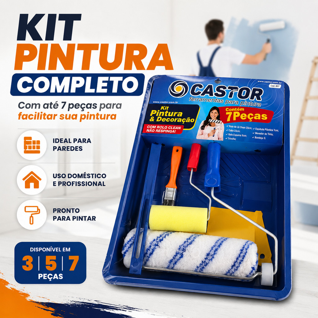 Kit Pintura Parede 7 peças Bandeja G + Rolo 23cm + Rolo 9cm + Espátula + Cabo + Trincha + Mexedor