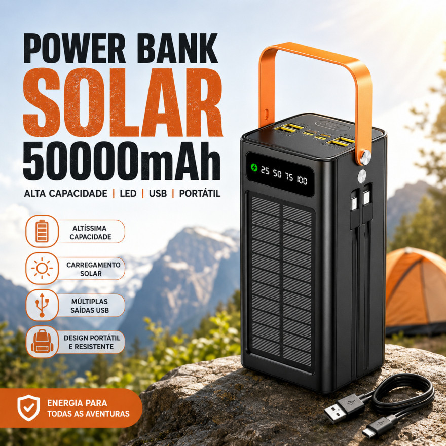 Power Bank Solar 50000mAh USB com LED e Cabo Universal, Carregador Portátil Grande Capacidade