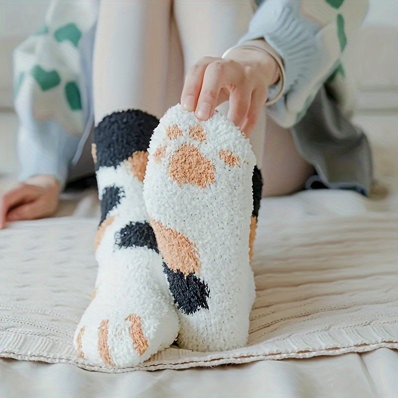 Meias de Pata de Gato, Meias Pantufas Fofas e Quentes de Lã Coral para Uso Doméstico, Outono Inverno, Meias e Calças de 