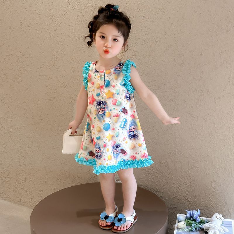 Meninas fungo borda colete saia 2026 novo estilo crianças verão Ao Bing saia feminina bebê verão vestido dos desenhos an