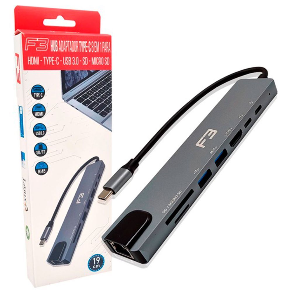 Hub Adaptador F3, Type-C 8 em 1 HDMI, Type-C, USB 3.0, Cartão Micro SD, Cartão SD, PD, Lan RJ-45 -JC-TYC-860