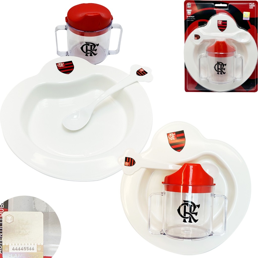 Kit Refeição Bebê Flamengo Prato Caneca Alça Colher Torcedor Presente Infantil Criança Original