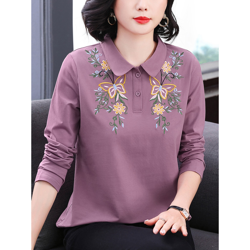 Camiseta feminina de manga comprida de algodão puro 2026 novo estilo moda roupas de outono roupa externa roupas de mãe i