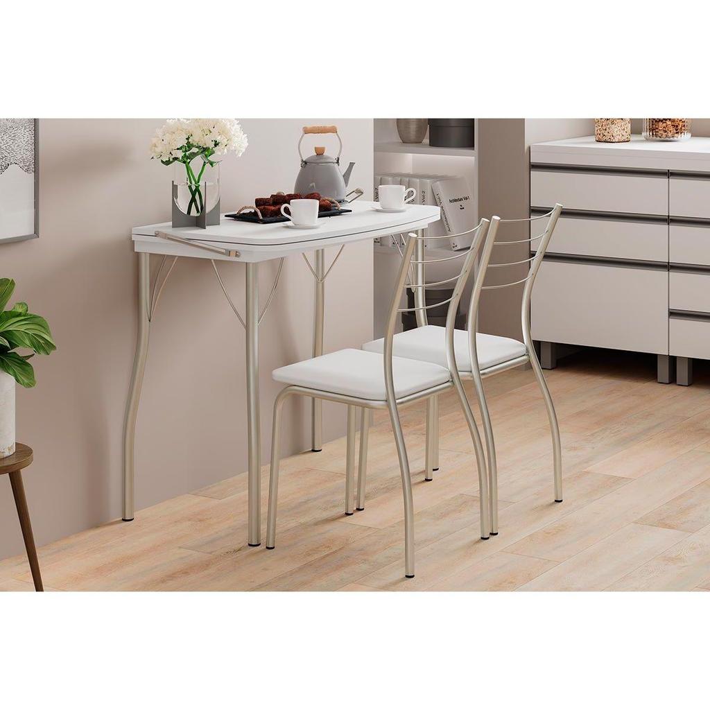 Mesa de Sala Jantar Multiuso Dobrável e 2 Banquetas 1700 Prata/Branco - Prata/Branco - Carraro