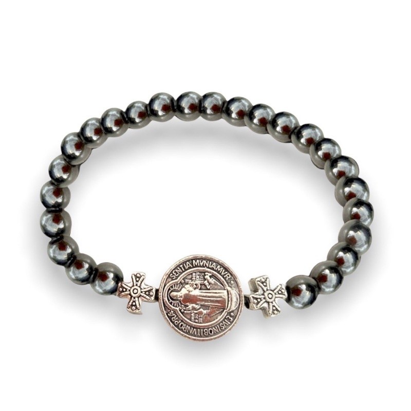 Pulseira Hematita Medalha De São Bento - Artigo Religioso Pulseira Moda Unissex