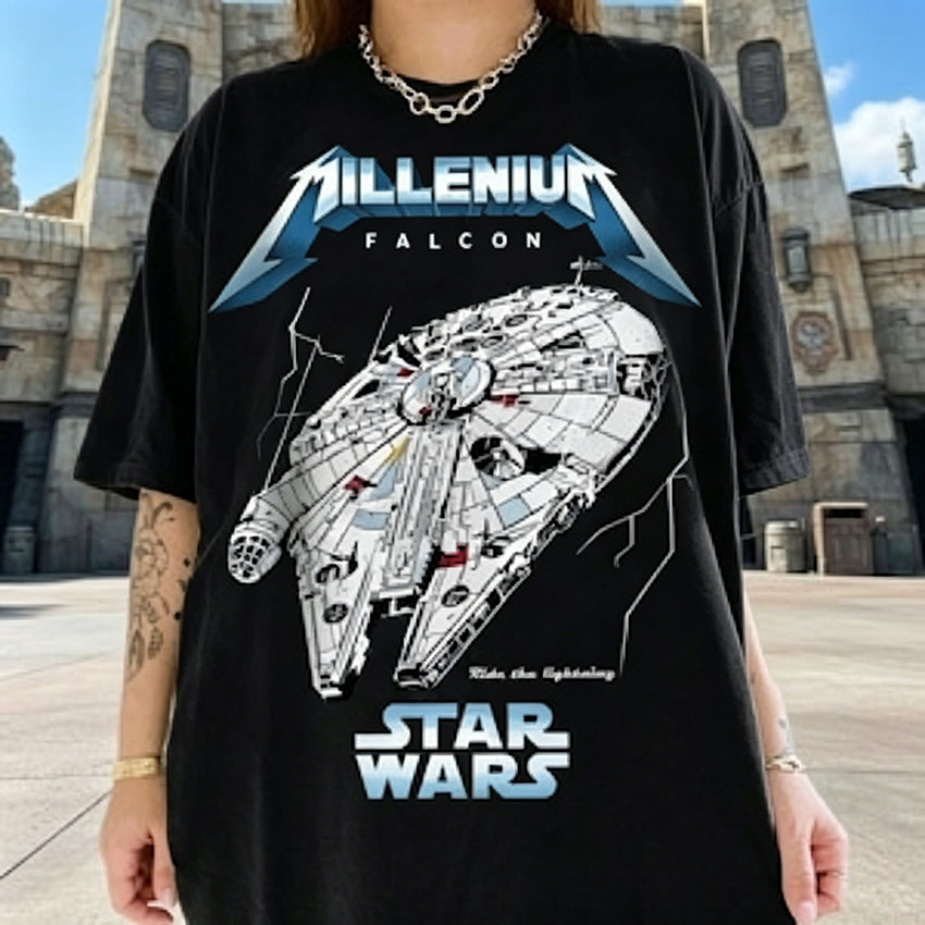 Camiseta Masculina Feminina Oversized Estampa Millennium Falcon Heavy Metal Star Wars T-shirt Streetwear Geek Casual