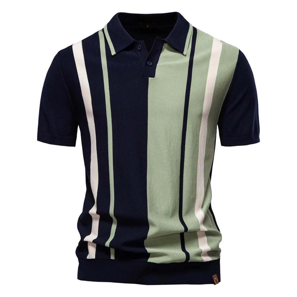 Camisa POLO Masculina De Manga Curta Verão Malha Listrada Emenda Tamanho Europeu