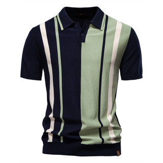 Camisa POLO Masculina De Manga Curta Verão Malha Listrada Emenda Tamanho Europeu