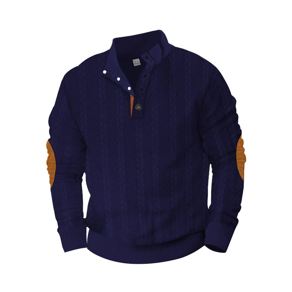 Europeu americano masculino primavera outono moda pulôver pesado Jacquard botão gola remendo Henry manga longa ao ar liv