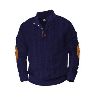 Europeu americano masculino primavera outono moda pulôver pesado Jacquard botão gola remendo Henry manga longa ao ar liv
