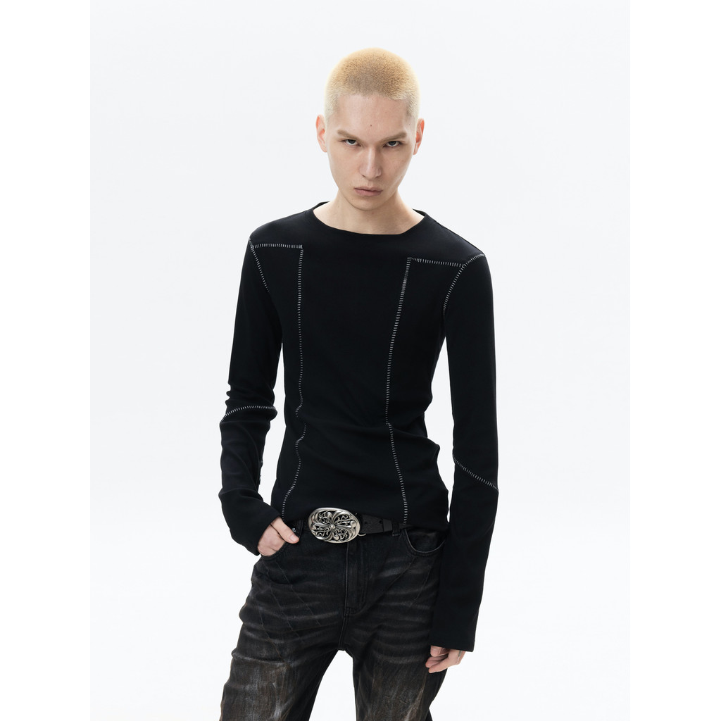 FRKM SCD 26 SS Series Open Line Design Slim-fit Skinny Bottoming Camisa Básica Preta Camiseta de Manga Comprida