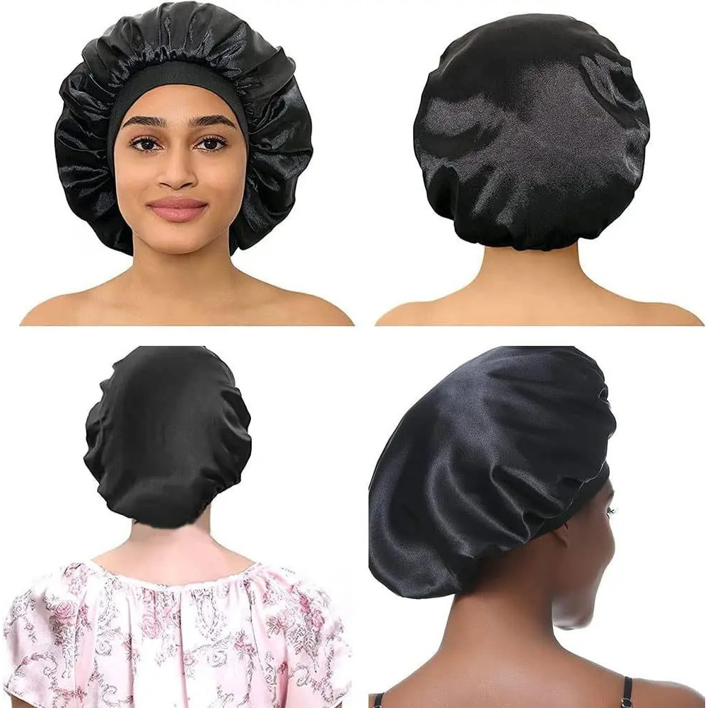 Touca de dormir elástica para mulheres, touca de dormir noturna reversível de seda e cetim, ajustável, para cabelos cach
