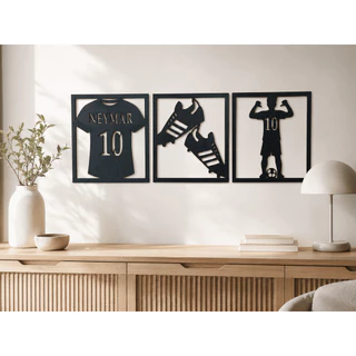 Kit Quadros Futebol Chuteira Camisa 10 Jogador MDF Preto 3mm Decoração Esportiva Para Parede