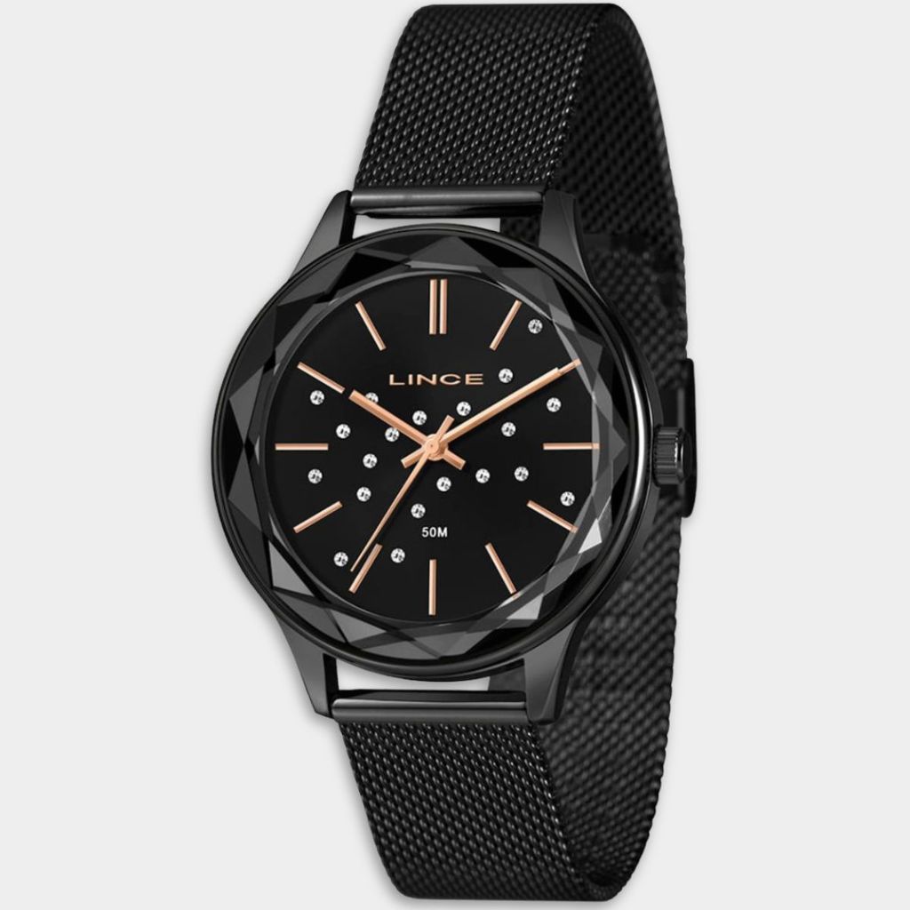 Relógio Lince Analógico Grace Pulseira Mesh Feminino - Preto e Rose