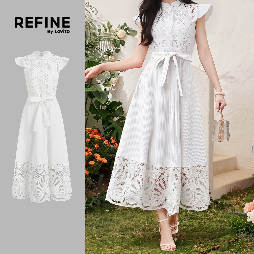 (Refine by Lovito) Renda Vestido Branco Casual para Mulheres com Bordado de Ilhó