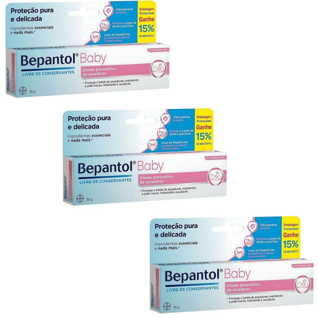 Kit 3 Pomada Assadura Bebê Bepantol Baby 30g Creme Antiassaduras Transparente