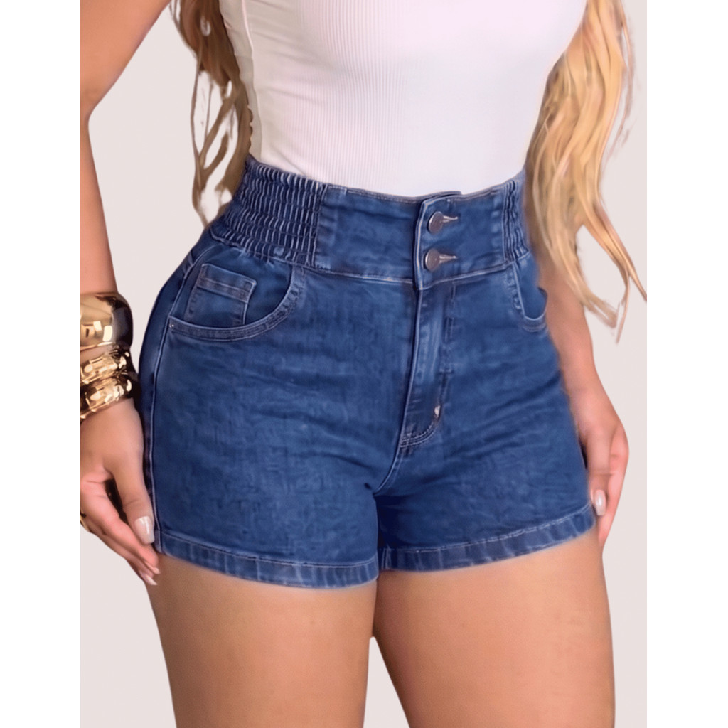 Short Jeans Feminino Cintura Alta Cós Franzido e Bolsos Curto Dois Botões Ajustável Com Elástico