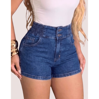 Short Jeans Feminino Cintura Alta Cós Franzido e Bolsos Curto Dois Botões Ajustável Com Elástico