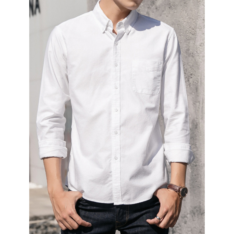 Oxford girando camisa de manga comprida masculina 2026 primavera verão novo estilo negócios Casual camisa de fundo solto