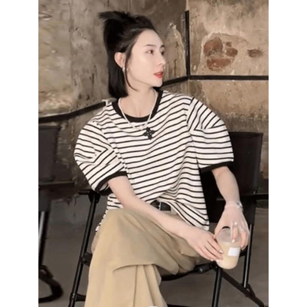 Preto branco listrado francês Puff manga topo High-End feminino verão de manga curta único estilo ocidental reduzindo a 