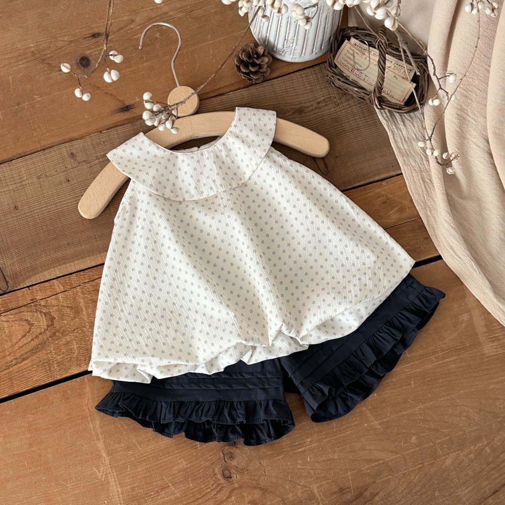 Feminino bebê sem mangas plissado colarinho camisa do bebê Shorts de renda terno de duas peças crianças moda estilo ocid
