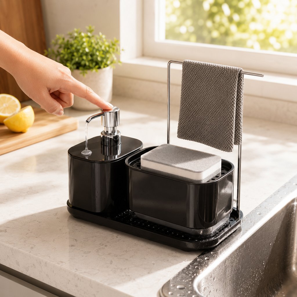 Kit organizador de cozinha: dispenser de sabonete manual + suporte de pano + dispenser de detergente