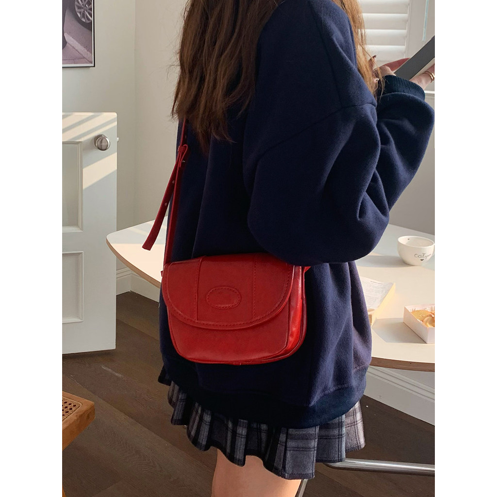 Bolsa bolsa feminina Bolsa de selim retrô de couro cera de óleo vermelha de um ombro