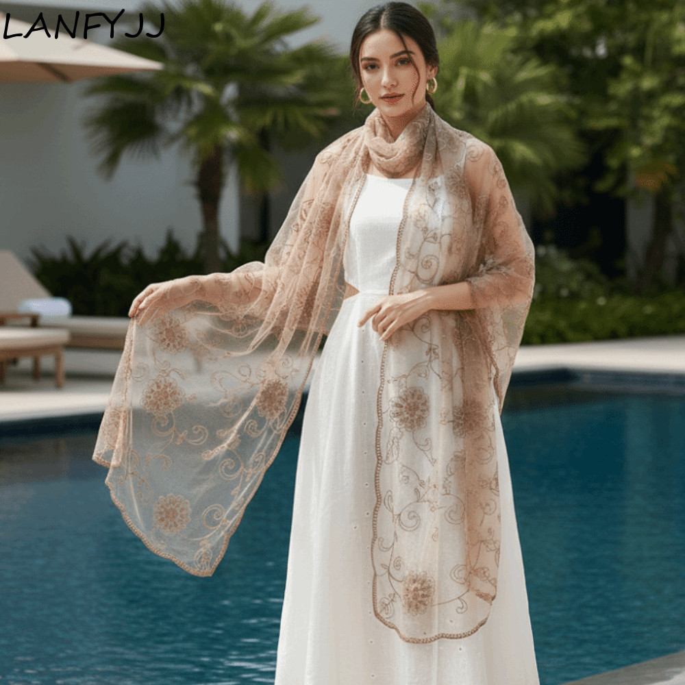 LANFYJJ Envoltório Floral , Xale Transparente Translúcido Leve , Estola De Malha Colorida Bordada E Adequada Para A Pele