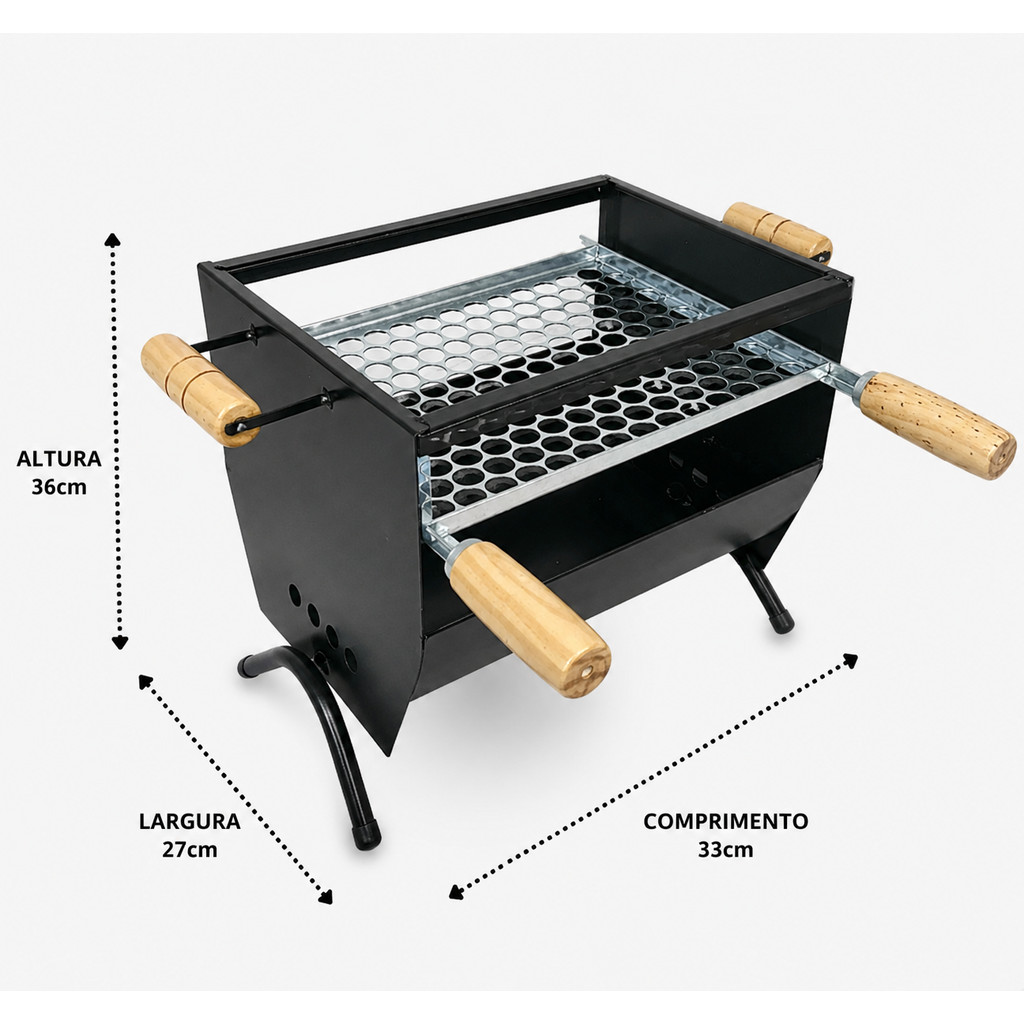 Churrasqueira de Mesa Portátil a Carvão Aço Carbono Grelha Inclusa - Churrasco/Pescaria