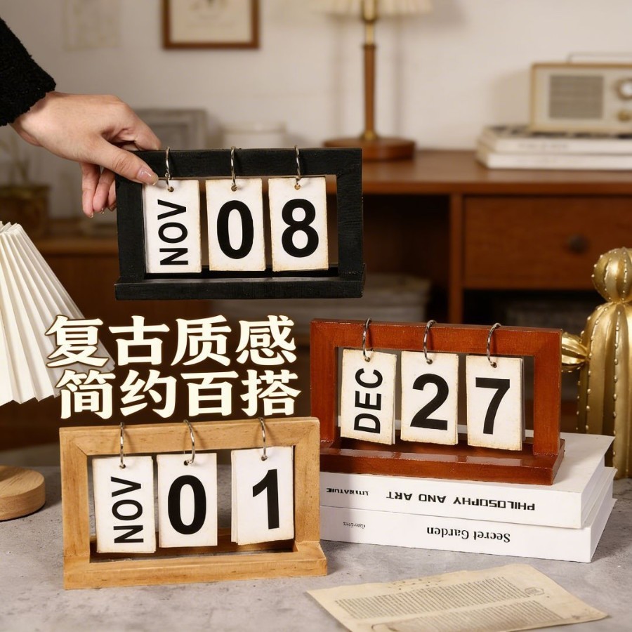 Retro de madeira calendário perpétuo Manual Desktop Flip calendário ornamentos ins estilo mesa casa sala estar decoração